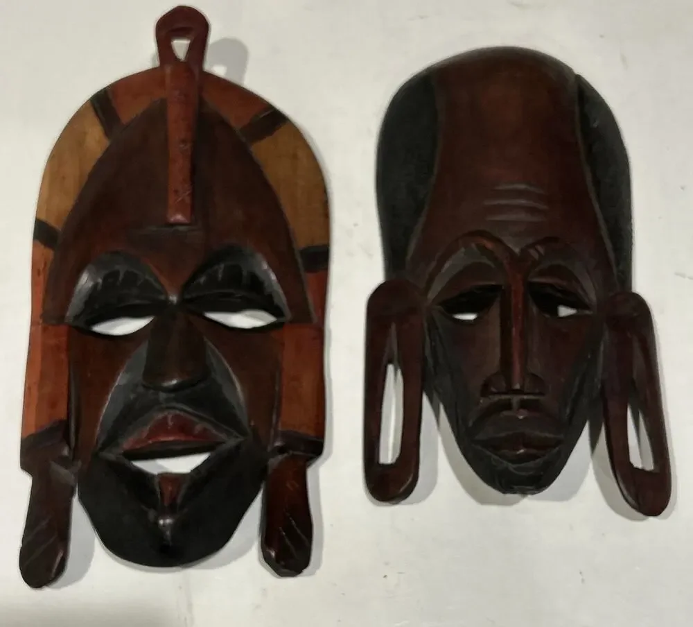 2 Africa Tribal Mask Wood Wooden Decorative Hand Carved Made In Kenya READ